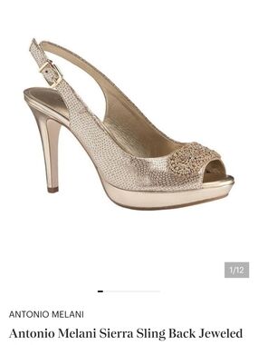 ANTONIO MELANI Sierra, Putty/Silver, Jeweled Peep-Toe Slingback Heels